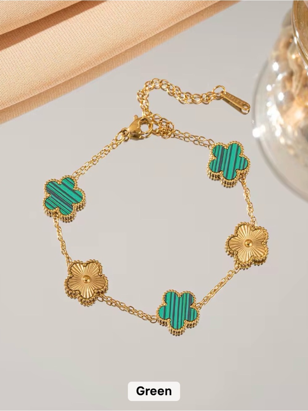 Gold Clover Link Bracelet with Green Accents